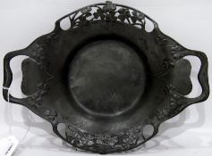 Art Nouveau English pewter two-handled dish with three-leaf clover border, scroll handles,