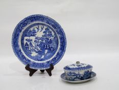 Blue and white dish with cover and stand, oriental decorated, 7.