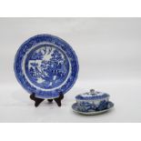 Blue and white dish with cover and stand, oriental decorated, 7.