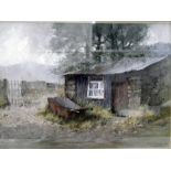 Gerald Gadd (20th century school) Watercolour Old outbuilding with wheelbarrow,