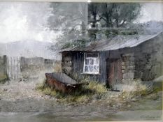 Gerald Gadd (20th century school) Watercolour Old outbuilding with wheelbarrow,