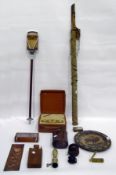 Two vintage fishing reels, a cane fishing rod, Sky Countess portable radio, copper hot water bottle,