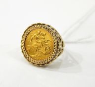 1982 half sovereign mounted in a 9ct gold ring, with heart-shaped decoration to sides of shank,