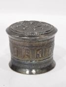 Old Burmese silver-coloured metal tobacco box, cylindrical and lidded,