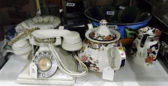 White bakelite 'Dial M for Murder' vintage telephone, two modern studio pottery bowls,