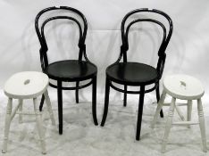 Two painted kitchen stools with oval tops and turned legs and a pair of bentwood chairs (4)