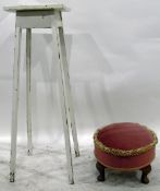 Small oval upholstered footstool on pad feet and a painted jardiniere stand (2)