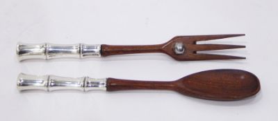 Pair of Tiffany sterling silver handled and wood salad servers with bamboo pattern handles
