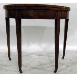 George III mahogany and satinwood banded demi-lune foldover top tea table,