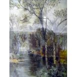 Unattributed Pair oils on canvas under glass Lake scenes with deer and swans 39 x 29 cms ,