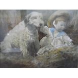 Print heightened in watercolour Young boy and dog in long grass,