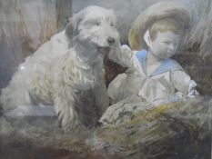 Print heightened in watercolour Young boy and dog in long grass,