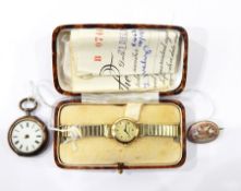 Gold Rotary lady's wristwatch with gold-coloured strap, in original box and receipt, a cameo brooch,