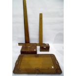 Eastern carved hardwood tray, a quantity of architect's wooden drawing items,