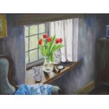 Valerie Wood (20th century) Oil on board Interior scene, window sill with tulips,