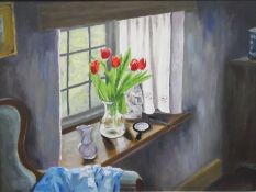 Valerie Wood (20th century) Oil on board Interior scene, window sill with tulips,
