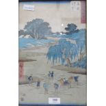 20th century Japanese woodblock print depicting figures crossing a river, monogrammed, 33cm x 21.