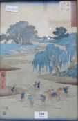 20th century Japanese woodblock print depicting figures crossing a river, monogrammed, 33cm x 21.