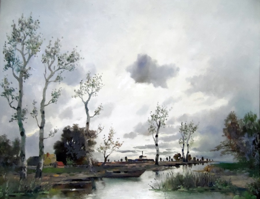 H Herbe (early 20th century) Oil on canvas River scene with windmill in distance,