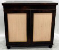 19th century rosewood side cabinet, the pleated silk panel doors enclosing shelf,