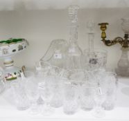 Assorted glassware to include tumblers, glass basket, decanters with one enamel whisky label,