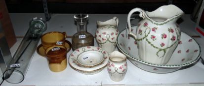 Toilet set including ewer and basin, soap dish, small water jug by Mintons,