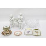 Decorative ceramics and glassware to include a Royal Crown Derby trinket dish, other trinket dishes,