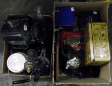 Quantity of metal paraffin lamps, a large vintage thermos flask, a quantity of vintage tins,