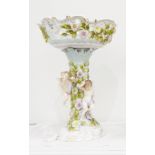 Volkstedt porcelain centrepiece comport, the basket with pierced scroll rose-encrusted border,