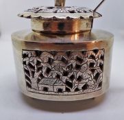 20th century Chinese silver condiment pot with spoon, triangular and on stepped feet,