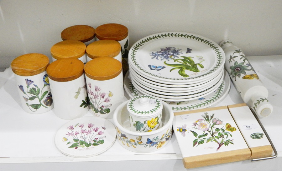 Eight Portmeirion 'The Botanic Garden' pattern meat plates, seven storage jars, cheese slicer,