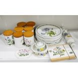 Eight Portmeirion 'The Botanic Garden' pattern meat plates, seven storage jars, cheese slicer,