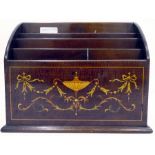 Inlaid mahogany stationery rack with stepped arched top, inlaid with vase,