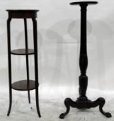 Edwardian circular top plant stand with two further shelves, on square tapering legs, diameter 32cm,