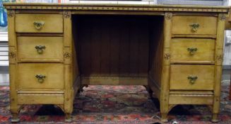 Late Victorian aesthetic-movement oak pedestal desk with circular inlays to frieze and uprights,