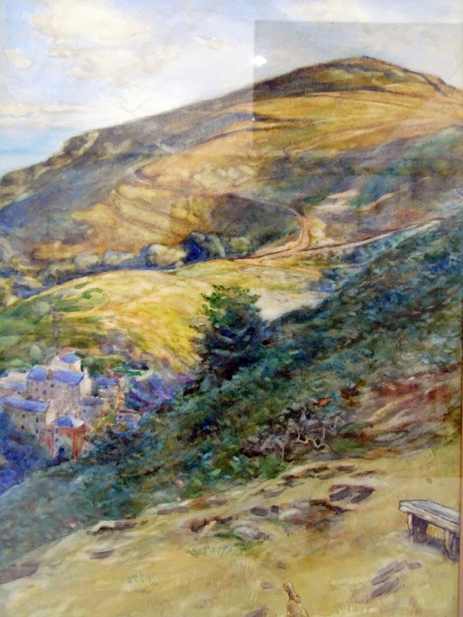 T Moyes-Lewis (early 20th century) Watercolour Hill scene with village in the valley,