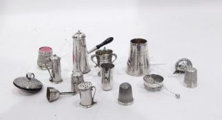 Various miniature silver items to include a miniature silver three-handled trophy cup,