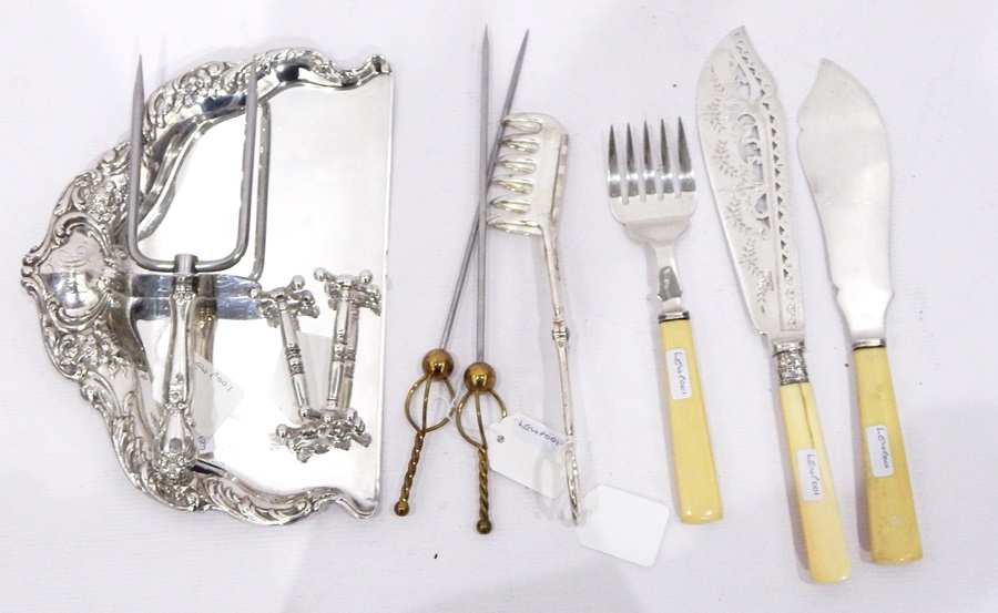 Pair of cream-handled silver plated fish servers, pair of asparagus tongs,