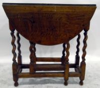 20th century oak oval-top gateleg table on turned spiral supports united by stretchers,