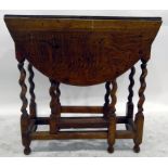 20th century oak oval-top gateleg table on turned spiral supports united by stretchers,