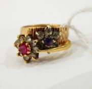 9ct gold ring with gem set floral cluster and another gold ring, marks worn, 5.