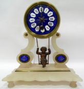 19th century French mantel clock, the circular enamel dial painted with Roman numerals,