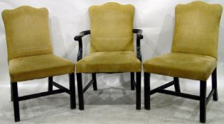 Set of six boardroom elbow chairs with outswept arms, on reeded square supports,