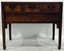 Antique elm and fruit wood side table of rectangular form, fitted with three short drawers,