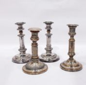 Pair of silver plated on copper telescopic candlesticks with gadrooned borders,