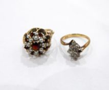 Gold, garnet and cultured pearl cluster ring and a 9ct gold crossover ring of blue stones,
