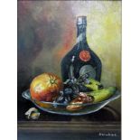 B Wood (early 20th century school) Oil on canvas Still life of bowl of fruit with bottle,