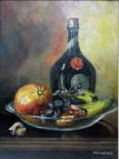 B Wood (early 20th century school) Oil on canvas Still life of bowl of fruit with bottle,