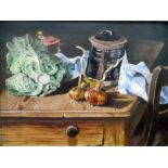 Valerie Wood (20th century) Oil on board Still life, onions and cabbage,