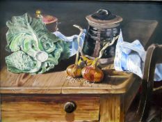 Valerie Wood (20th century) Oil on board Still life, onions and cabbage,